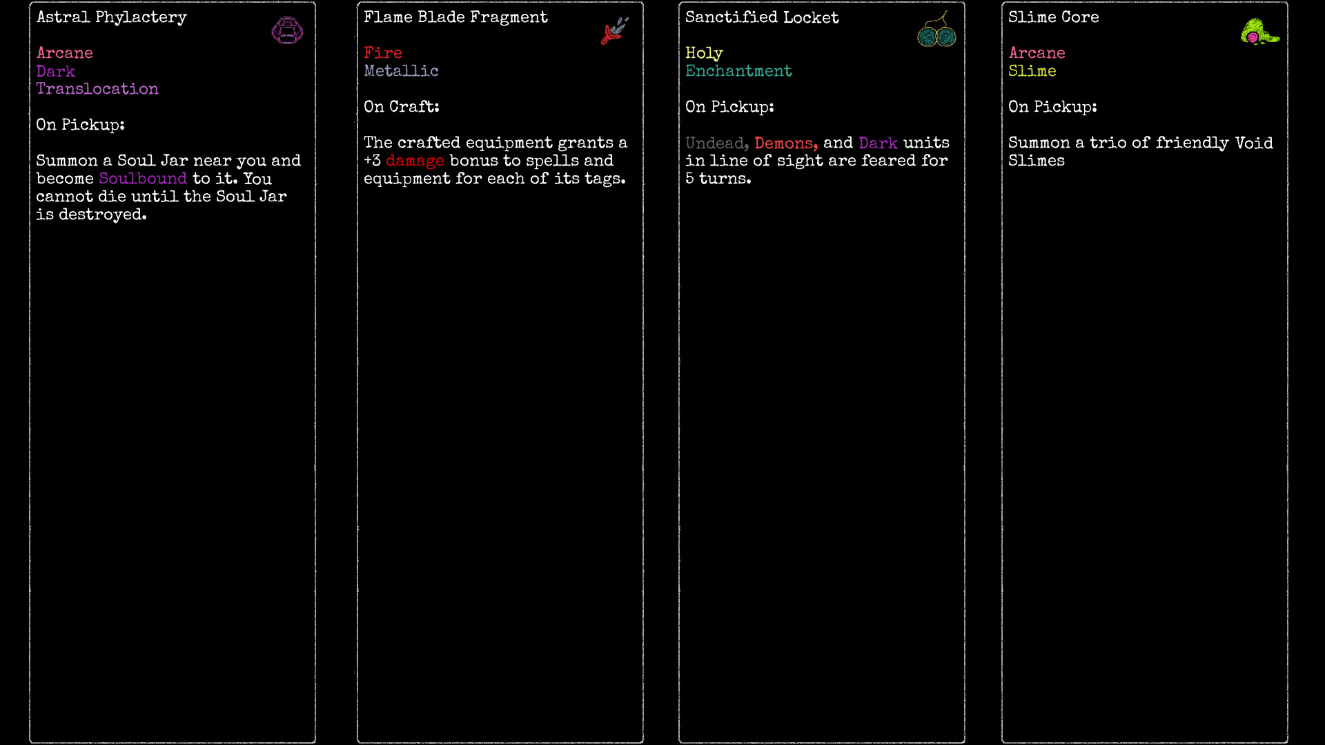 Rift Wizard 3 pickup item cards — Astral Phylactery, Flame Blade Fragment, Sanctified Locket, Slime Core showing crafting material drops