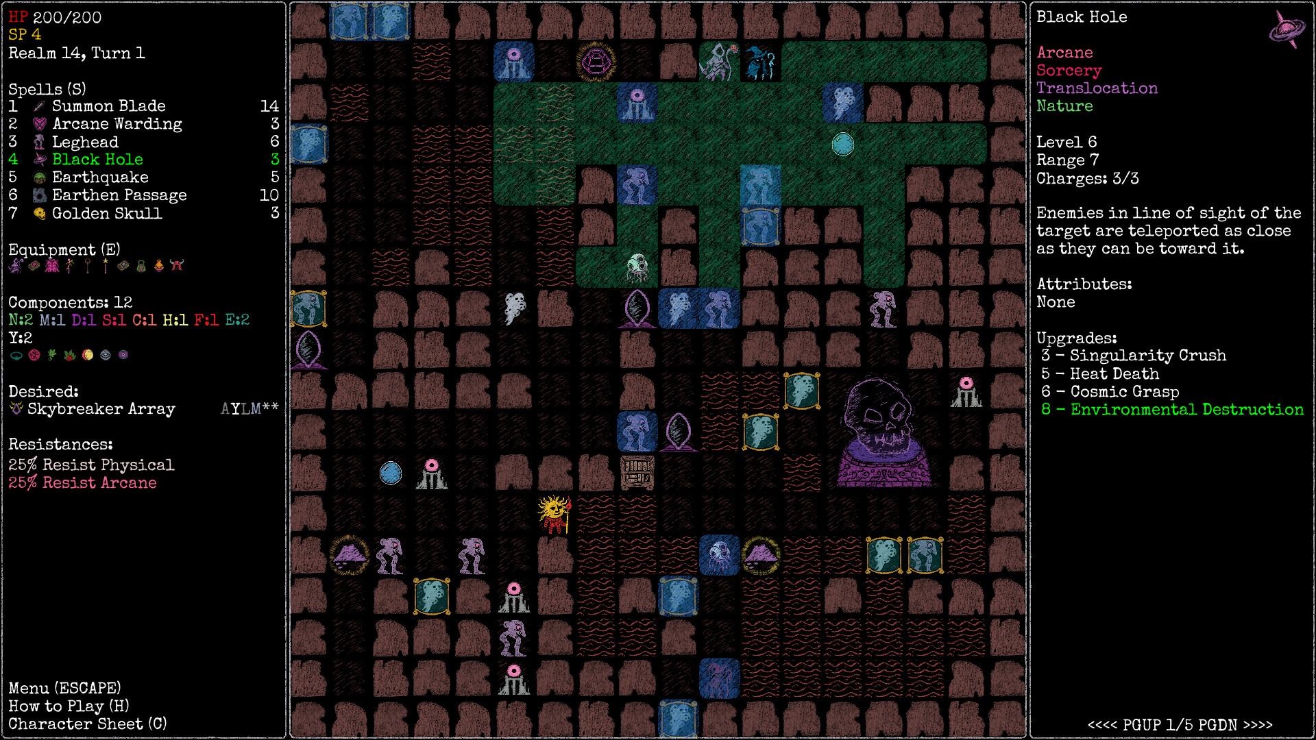 Black Hole spell targeting — Rift Wizard 3 Realm 14 full UI screenshot showing spell list, stats, and tactical map