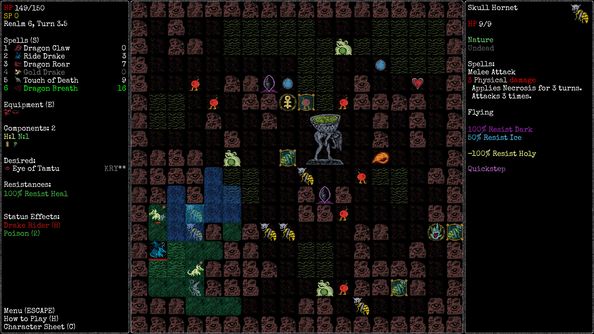 Drake rider build in Rift Wizard 3 Realm 6 — example of a focused single-school build with dragon-themed spells and Drake Rider status